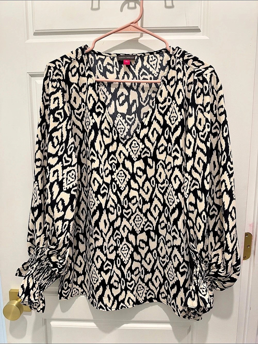 Vince Camuto Ikat Print V-Neck Blouse with Smocked Cuffs